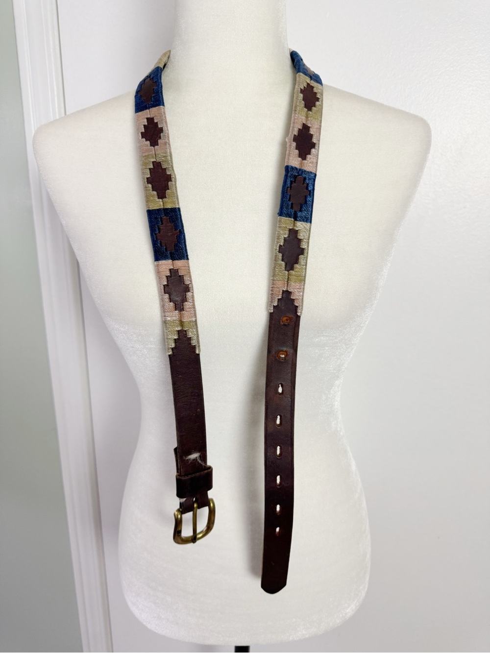 Vintage Handwoven Patterned Leather Strap Belt - Brown & Multicolour